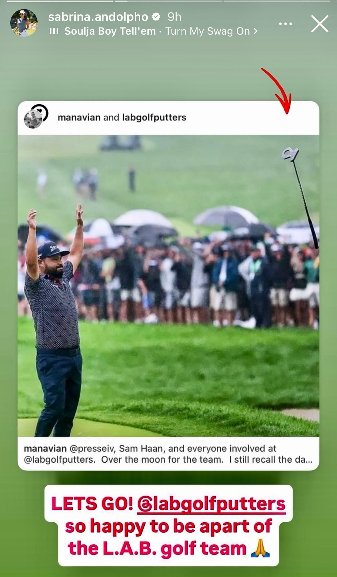 Sabrina Andolpho's Instagram story featuring JJ Spaun's LAB putter